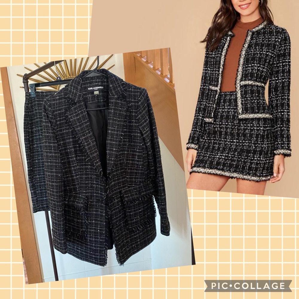 Karl Lagerfeld Paris black tweed blazer and matching skirt.